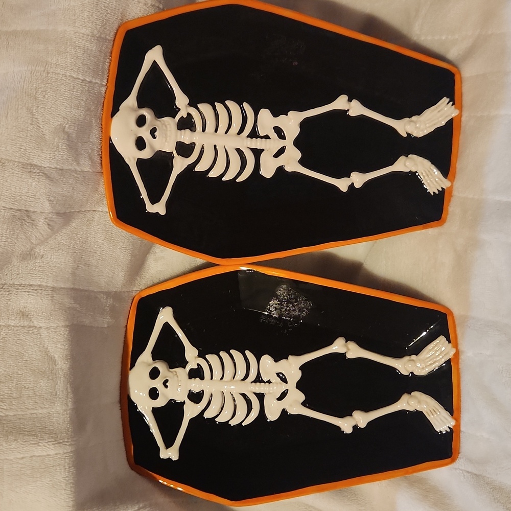 Vintage, GANZ, Rare Halloween Skeleton Textured, On Small Dish Formed As Casket